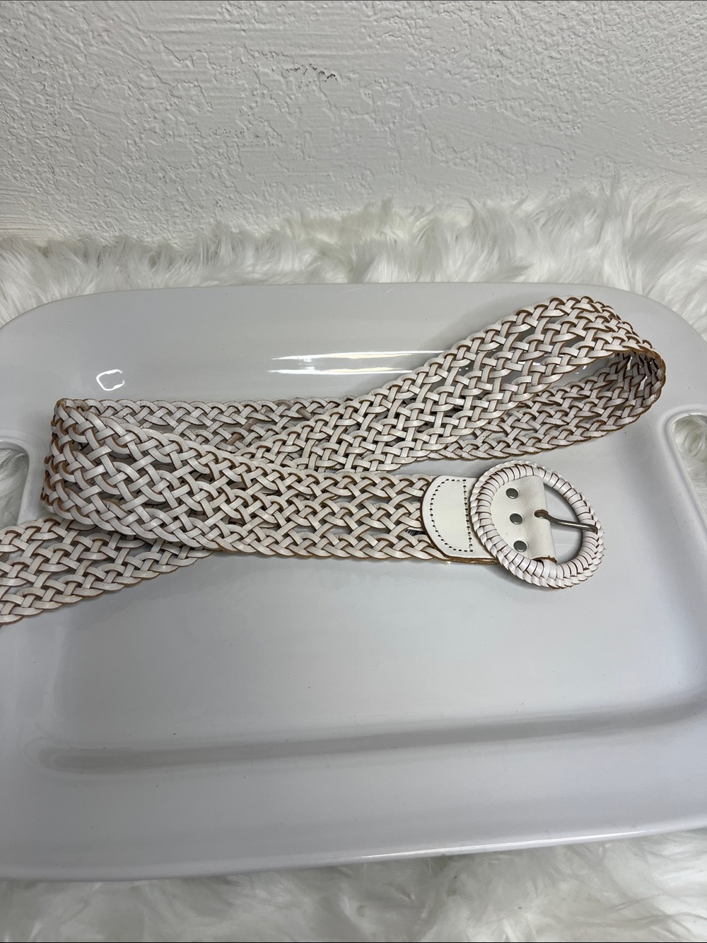 American Eagle Outfitters White and Tan Leather Braided Belt with Round Buckle